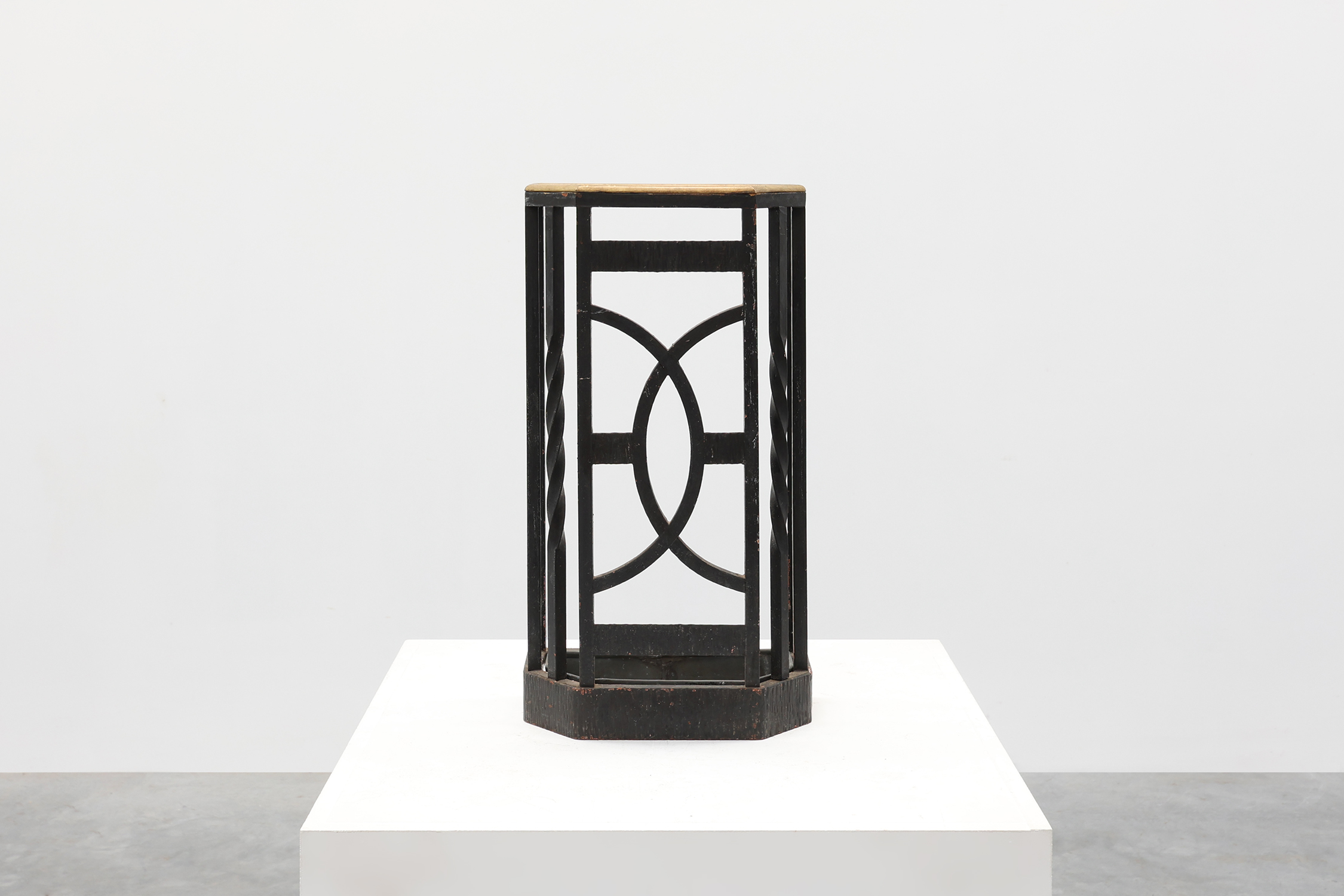 Art Deco metal umbrella stand with geometric openwork and brass rim, Belgium, 1920sthumbnail